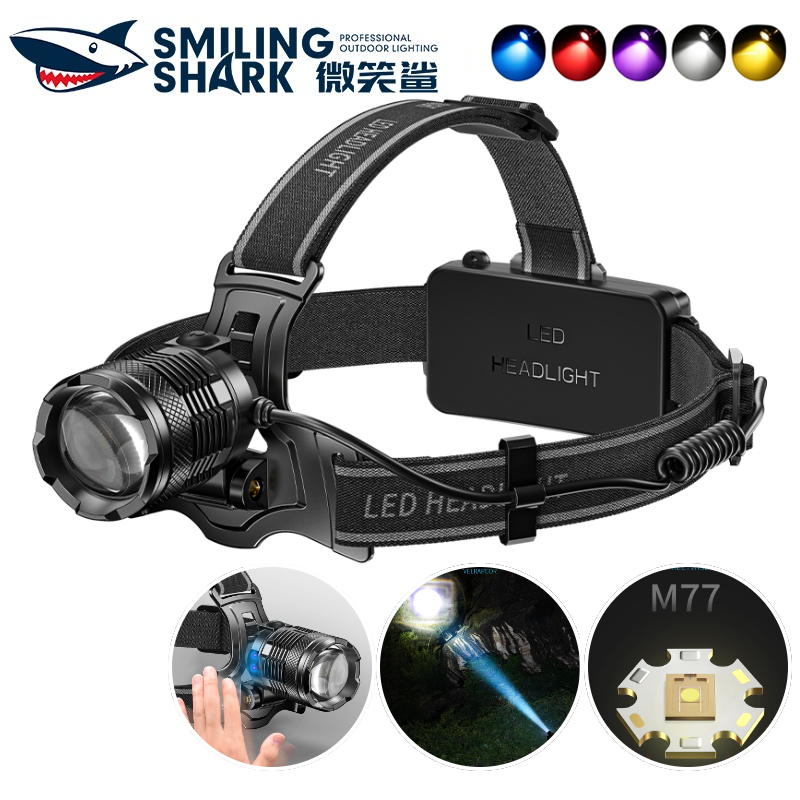 SMILING SHARK TD8018 ไฟฉายคาดหัว LED พลังสูง พร้อมเซ็นเซอร์ หลอดไฟ M77 สว่างสุดแรง ซูมได้ 15 โหมด ไฟ