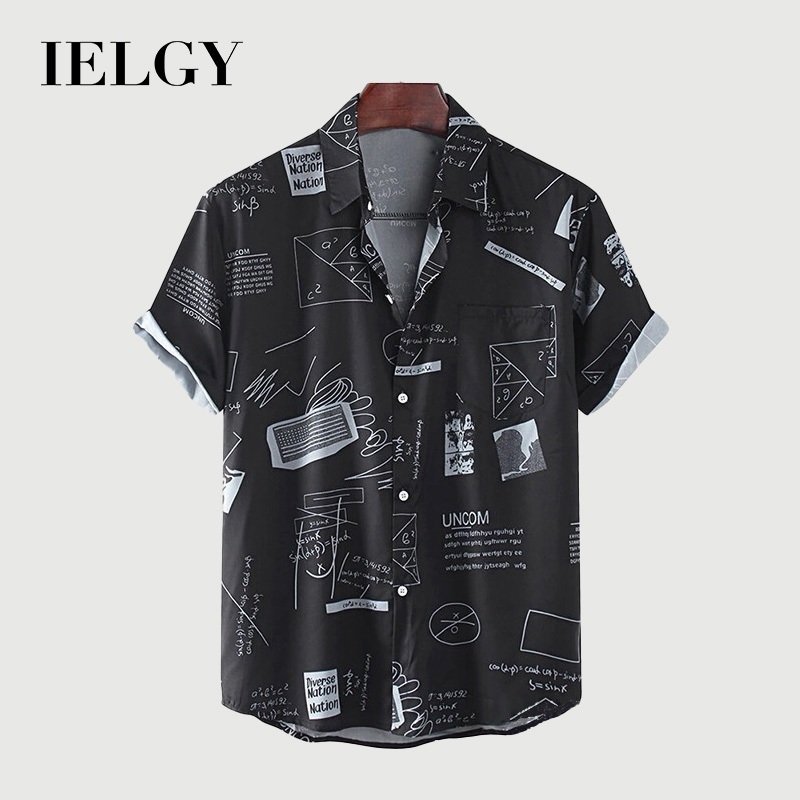 IELGY เสื้อเชิ้ตผู้ชายฮาวายชายหาดหลวมแฟชั่นพิมพ์เสื้อเชิ้ตแขนสั้น