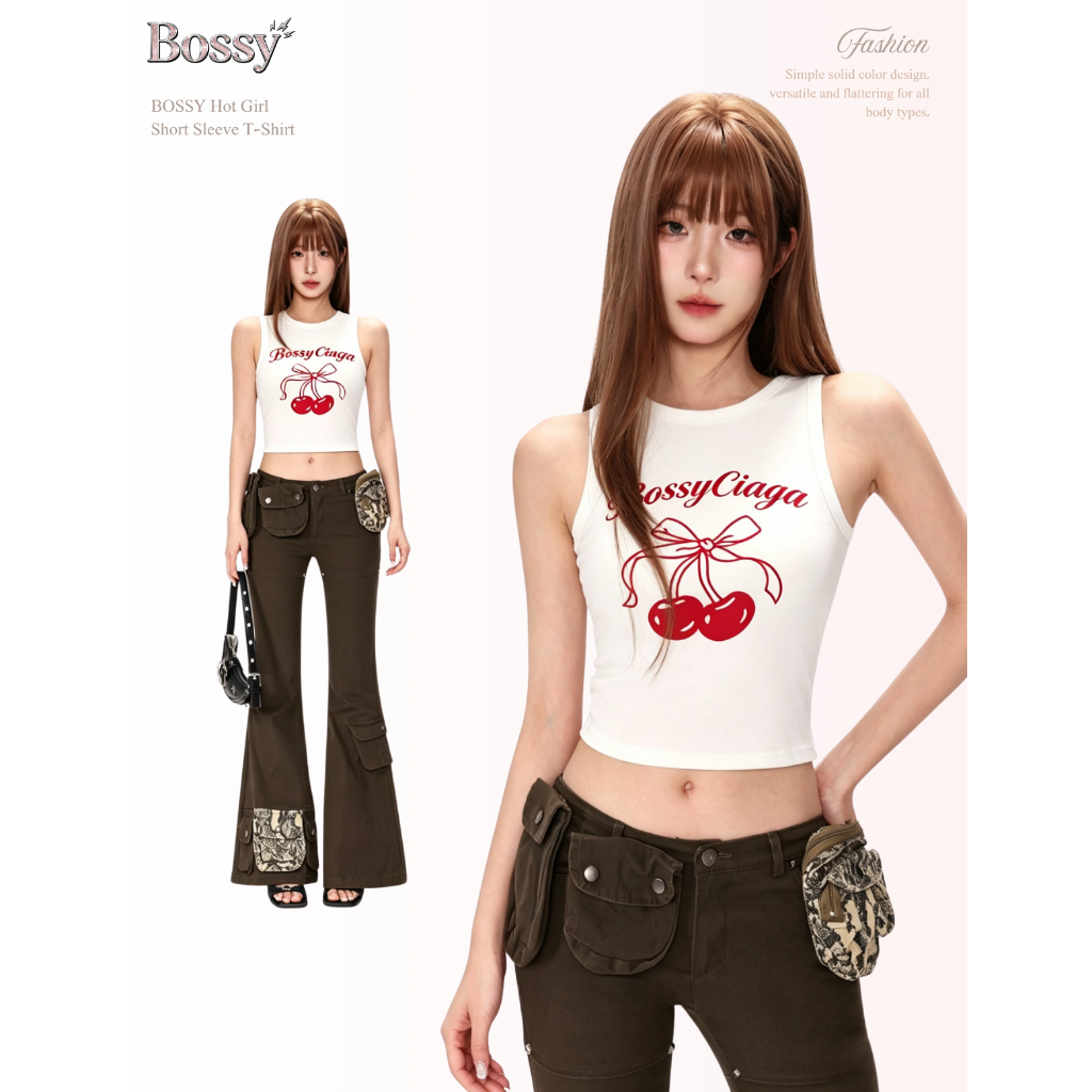 BOSSY เสื้อกล้ามสาวแซ่บ ลายเชอร์รี่และตัวอักษร สไตล์อเมริกันวินเทจ ผ้าฝ้าย100%#C+5530