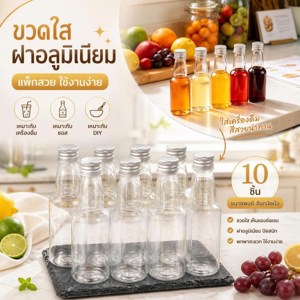 จำนวน 10 ชิ้น ขวด PET ทรงกลมใส ขนาด 50ml ขวดแยกบรรจุของเหลว ปิดผนึกสนิท มีฝาอลูมิเนียมเกลียว