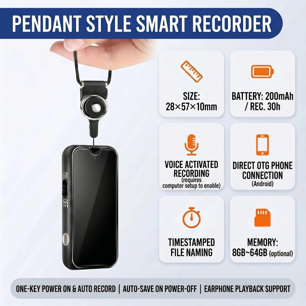 เครื่องบันทึกเสียงจี้ห้อยคอ 64GB|แม่เหล็กแรงสูง|บันทึก 30 ชม.|เล่น MP3|ใช้เป็น U disk|พกพาง่าย