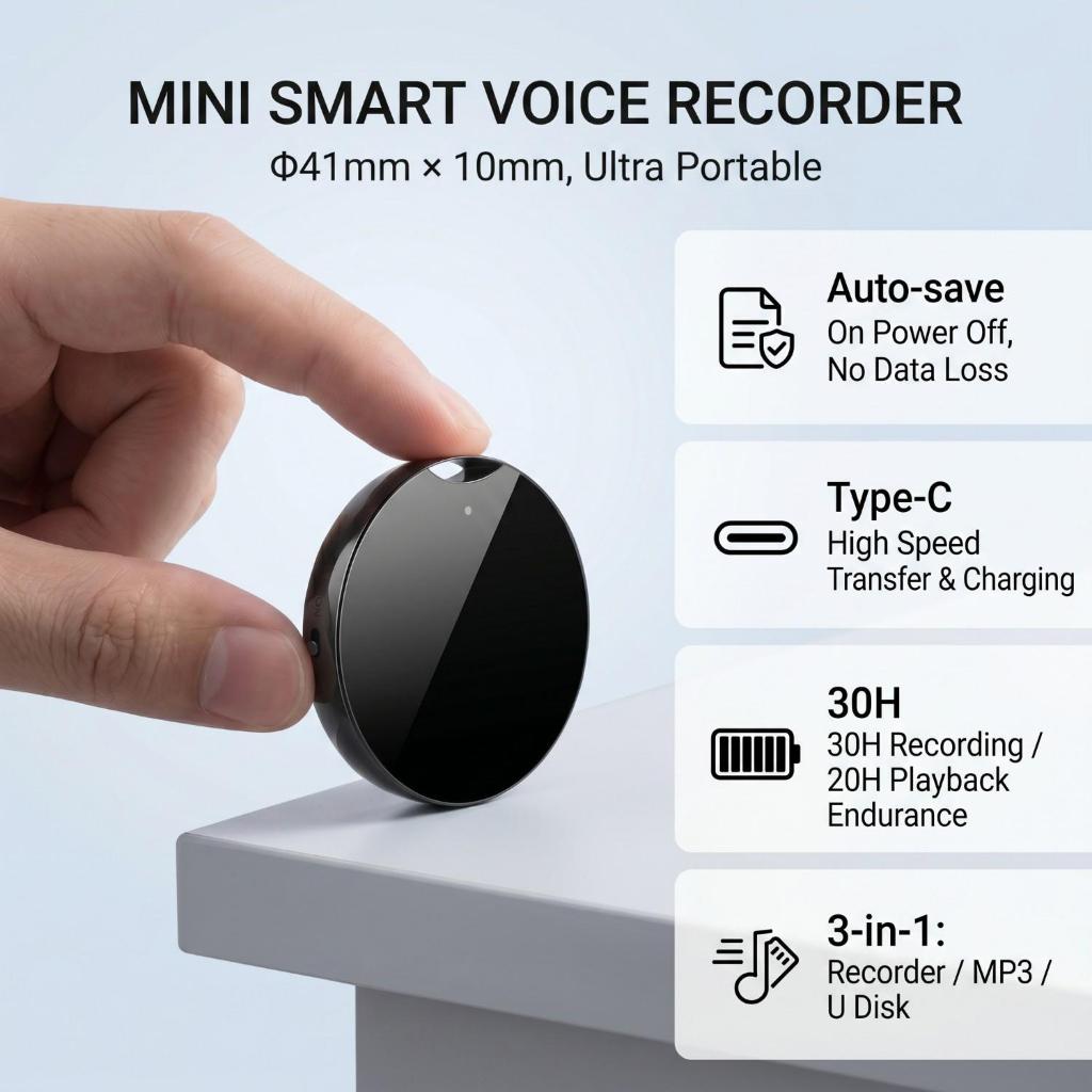 เครื่องบันทึกเสียงจี้ห้อยคอเก๋ 64GB|บันทึกปุ่มเดียว30ชม.|เล่นMP3|ใช้ประชุม เรียน สัมภาษณ์