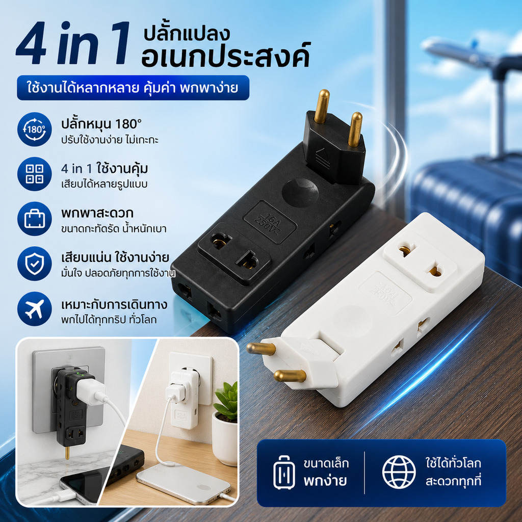 Xerox7 4 In 1 Wall Outlet Extension EU ไฟฟ้า Soet 180 องศาปลั๊กอะแดปเตอร์ Travel Aadapter แบบพกพา Power Converter .