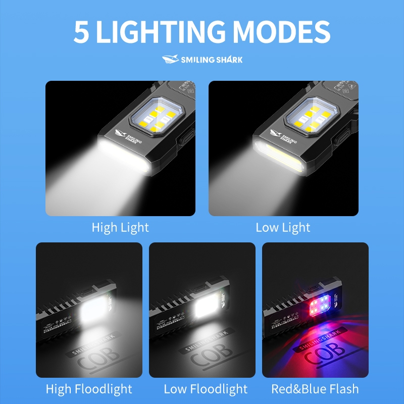 SMILING SHARK ไฟฉายขนาดเล็ก LED พวงกุญแจแม่เหล็กไฟฉายขนาดเล็ก 5 โหมดสีแดงแฟลชสีฟ้า Type-c ชาร์จพ็อกเก็ตกันน้ํากลางแจ้งฉุกเฉิน TIP194 — صورة 6