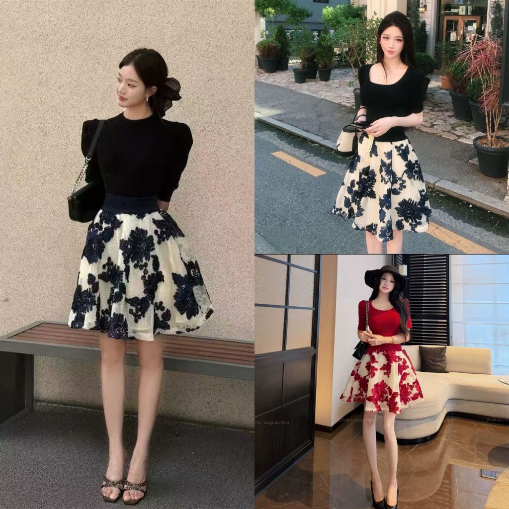 แฟชั่น Retro สีทึบ Slim-fit เสื้อยืด + ดอกไม้ปัก A-Line กระโปรง Slimmer ดูชุดสองชิ้น