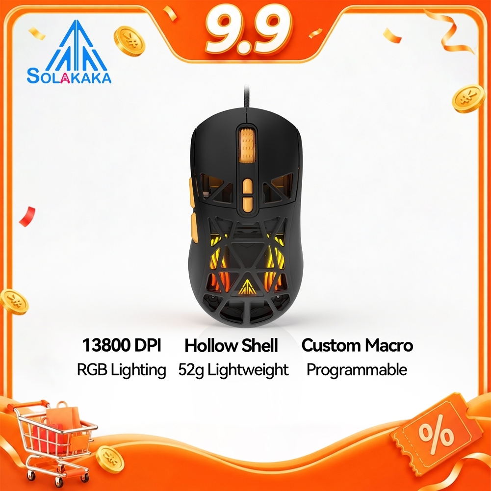 SOLAKAKA SM901 เมาส์สําหรับเล่นเกมแบบมีสายน้ําหนักเบาพิเศษ 52g RGB เมาส์สํานักงานปุ่มแบบกําหนดเอง DPI 6 ระดับ