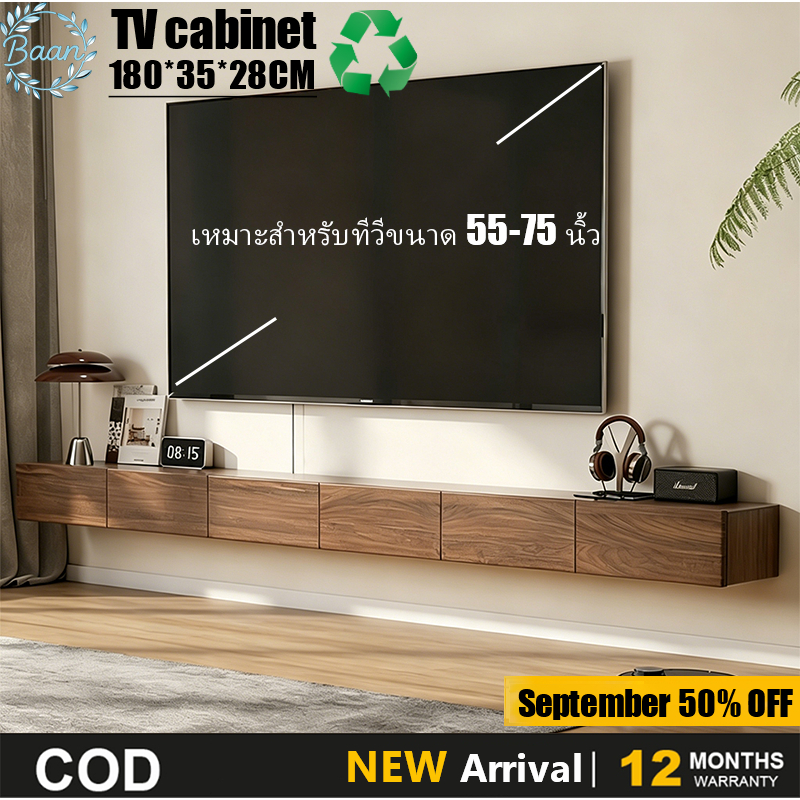 ตู้ทีวีติดผนัง สีวอลนัท ขนาด 150–180 ซม. – มาพร้อมลิ้นชักและช่องเก็บของ; เป็นได้ทั้งตู้เก็บของอเนกประสงค์และชั้นวางทีวี