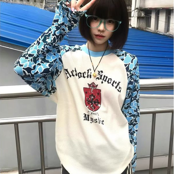 Baolongxin Waffle เสื้อยืดแขนยาวเสื้อดีไซน์ป้ายวินเทจ