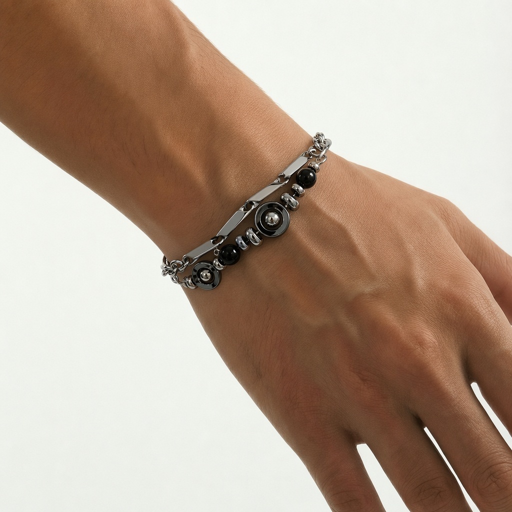 LIEN สร้อยข้อมือโซ่ Hematite สองชั้นสําหรับผู้ชาย|17+5ซม|เหล็กไทเท|ไม่จํากัดเพศ|กันน้ํากันน้ํา|ของขวัญสําหรับเขา