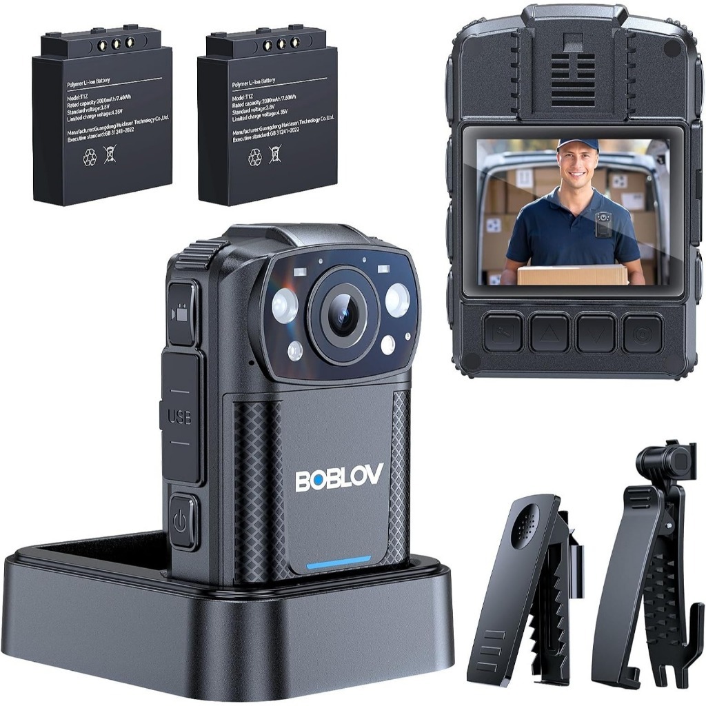 BOBLOV KJ26 2K Body Camera พร้อมแบตเตอรี่ 2000mAh คู่และฐานชาร์จ,การบันทึกต่อเนื่อง 8H, Night Vision