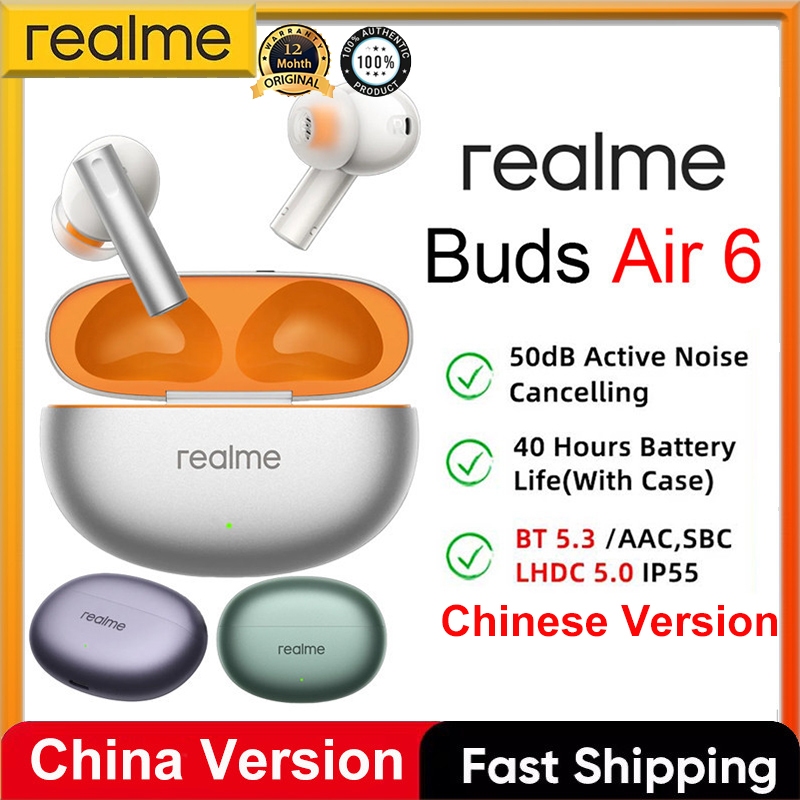 Realme Buds Air 6 หูฟังไร้สาย 50dB Active Noise Cancelling LDAC หูฟังบลูทูธ 5.3 40 ชั่วโมงอายุการใช้