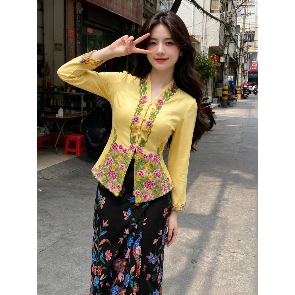 Elegant Yellow Floral ปัก Kebaya Top & Black Batik ดอกไม้ชุดกระโปรงยาว – แบบดั้งเดิม Vintage ผู้หญิงเครื่องแต่งกาย