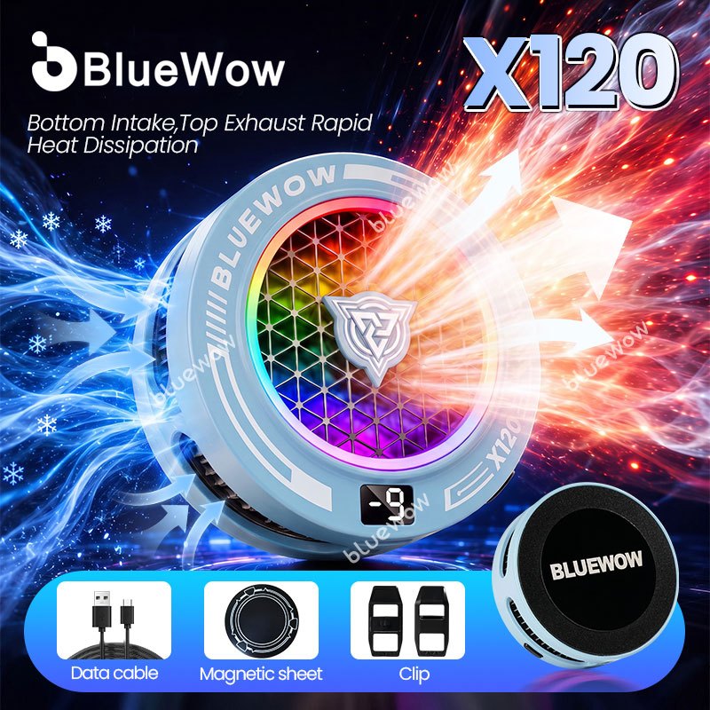 BlueWow X120 โทรศัพท์ Cooler 15W Upward Airflow Magnetic Gaming Cooler ไม่มีอากาศร้อนบนมือ AI ควบคุมอุณหภูมิพัดลม RGB สําหรับโทรศัพท์/แผ่น