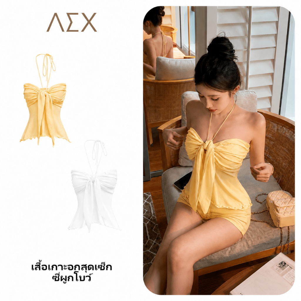 AEX เสื้อเกาะอกผู้หญิง คล้องคอผูกโบว์ ทรงเข้ารูป เปิดหลัง เสื้อครอปเซ็กซี่ แฟชั่นหน้าร้อน