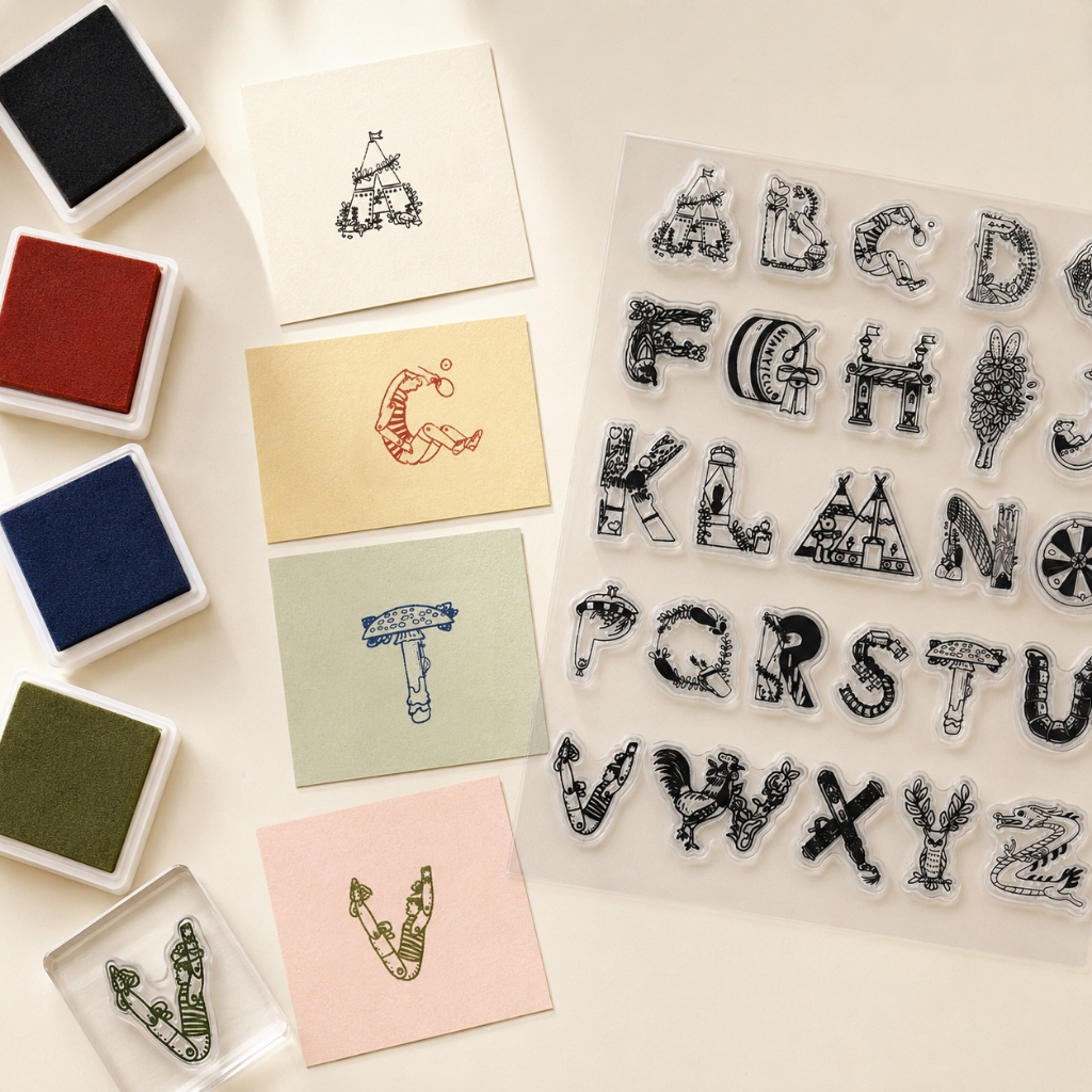 ตราประทับตัวอักษรซิลิโคน A-Z ลายพฤกษชาติ สำหรับสมุด การ์ด และสแครปบุ๊ก – ดอกไม้ ใบไม้ ลายเส้นพฤกษชาติ A-Z Flo gogo