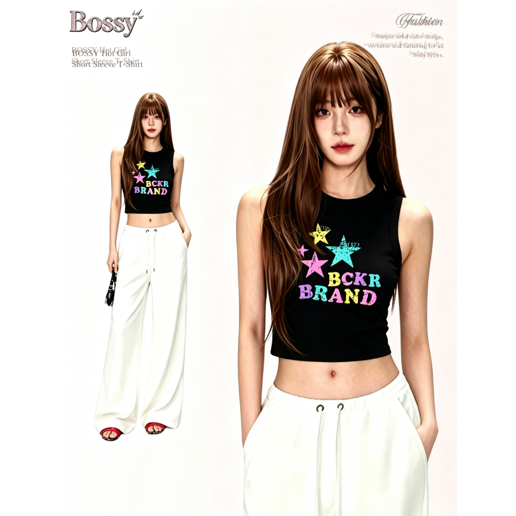 BOSSY เสื้อกล้ามสาวแซ่บ ลายดาวและตัวอักษร สไตล์อเมริกันวินเทจ ผ้าฝ้ายแท้ 100%#C+2262