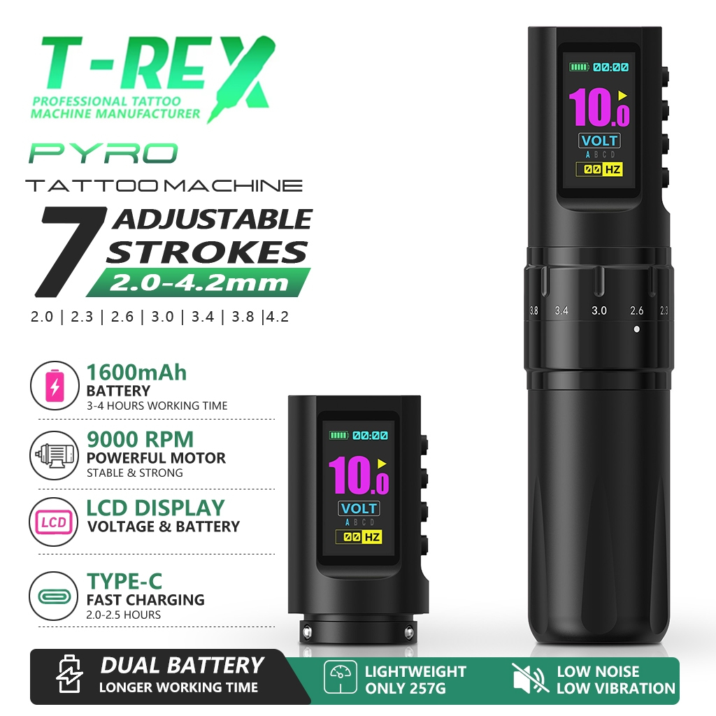 T-Rex Pyro เครื่องสักไร้สาย ปรับ Stroke 2.0-4.2mm 7 ระดับ Dotwork Mode แบต 1600mAh สำหรับช่างสักมืออาชีพ