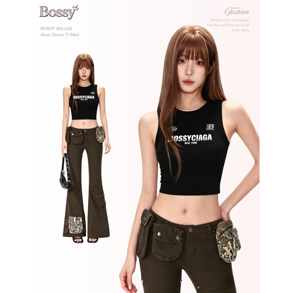 BOSSY เสื้อกล้ามสาวแซ่บลายตัวอักษรสไตล์อเมริกันวินเทจ ผ้าฝ้าย100%#C+5514