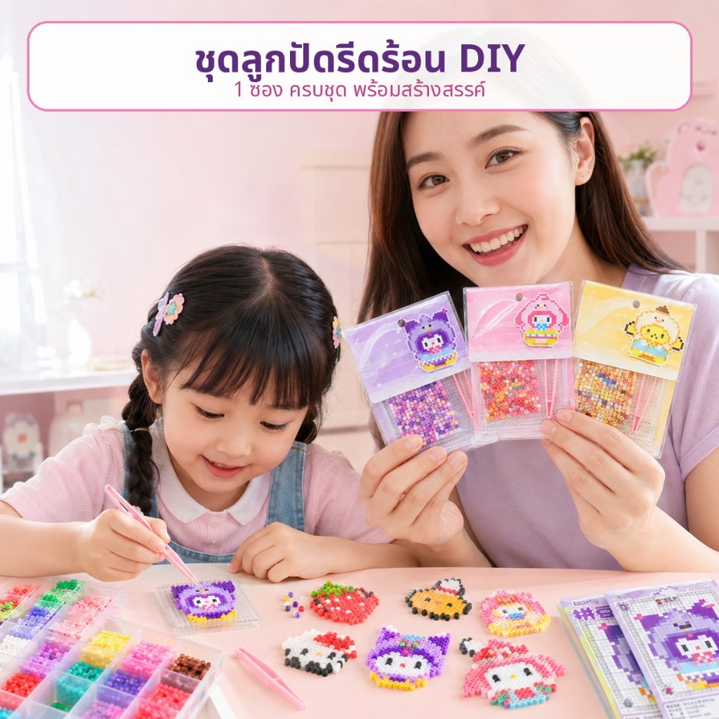 ชุดลูกปัดรีดร้อน DIY ลายการ์ตูน พร้อมแผ่นฐาน แหนบและกระดาษรองรีด ของเล่นฝึกสมาธิสำหรับเด็กโต ทำพวงกุญแจ Pixel Art
