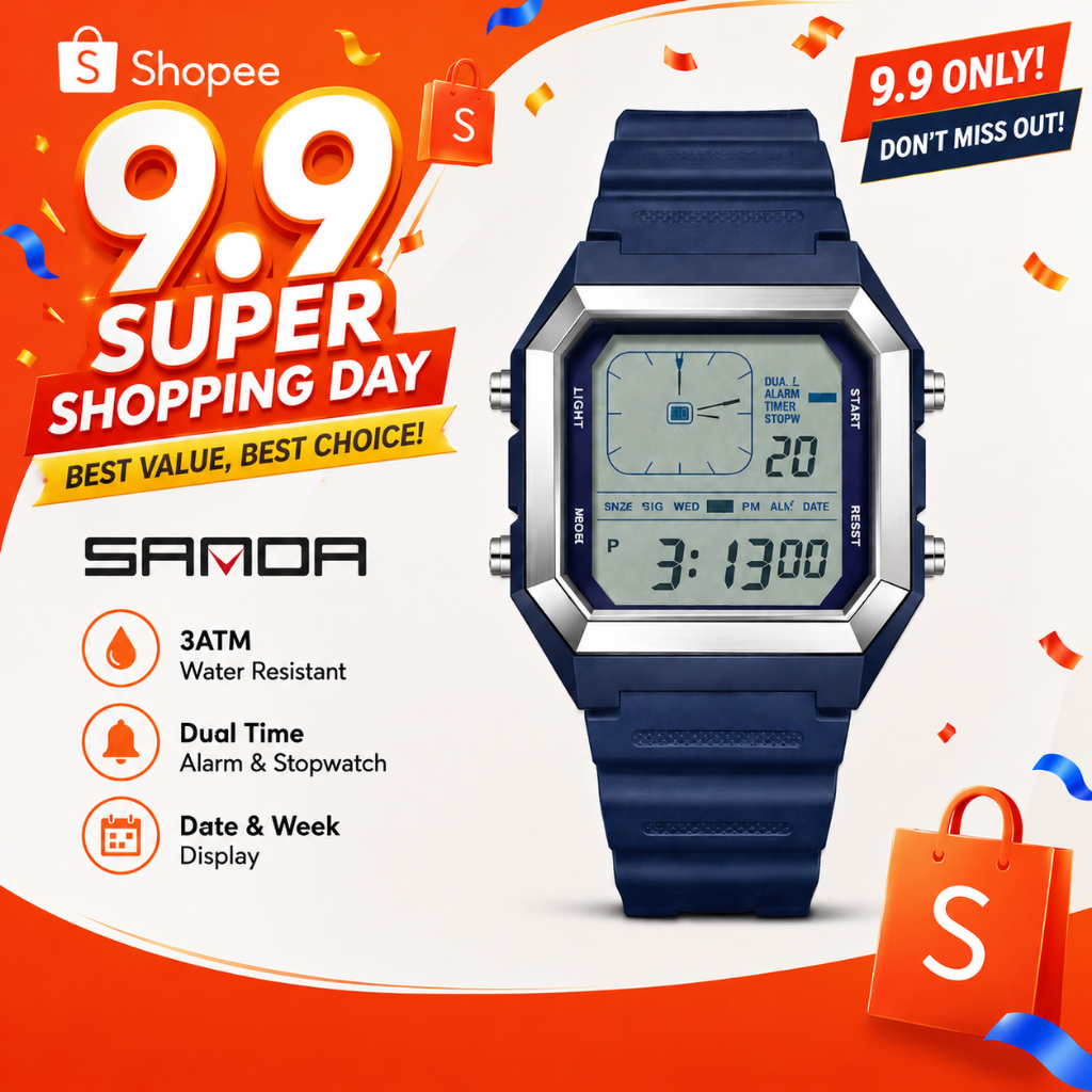 SANDA 6307 โมเดิร์นย้อนยุคดิจิตอลนาฬิกาผู้ชายจอแสดงผลเวลาคู่กันน้ําสไตล์ถนนนาฬิกาชายของขวัญ