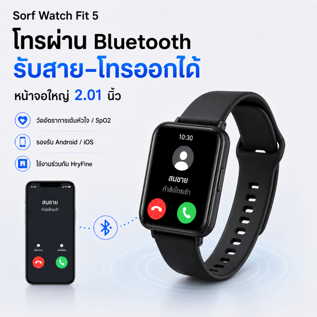 Sorf Watch Fit 5 สมาร์ทวอทช์ โทรผ่าน Bluetooth รับสาย-โทรออก หน้าจอใหญ่ 2.01 นิ้ว วัดอัตราการเต้นหัวใจ SpO2 รองรับ Android iOS