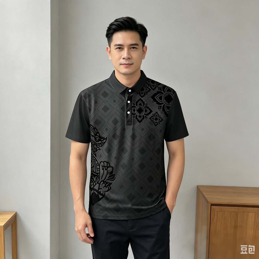เสื้อโปโลผู้ชายสีดำ ลายนาคา‑ดอกบัวสไตล์ไทยลับๆ ทรงสุภาพ ใส่ทำงานและไปเที่ยวได้