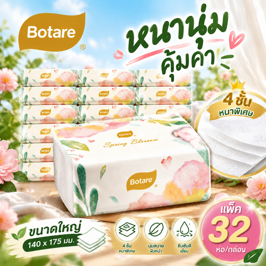 [32 แพ็ค]Botare ทิชชู่ วาดกระดาษ น้ำหนักขนาดใหญ่สำหรับชุดบ้าน กระดาษครัวหนา 4 ชั้น 7200 แผ่น ผ้าเช็ดหน้ากระดาษชำระ