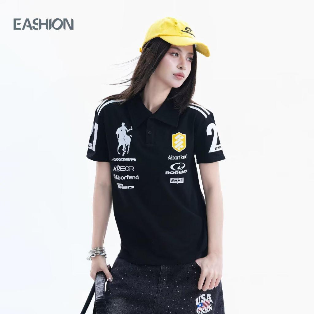 เสื้อโปโลแขนสั้น ยูนิเซ็กส์ สไตล์เรซซิ่ง วินเทจ สตรีท Y2K พิมพ์ลายกราฟิก ทรงหลวม แฟชั่นลำลอง ใส่ได้ทั้งชายหญิง