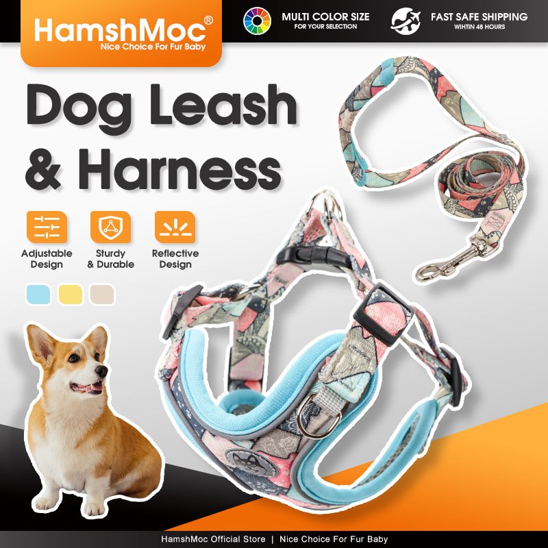 HamshMoc สายรัดสุนัขสะท้อนแสงและสายจูงชุดสายรัดสัตว์เลี้ยงแบบปรับได้ระบายอากาศพร้อมที่จับควบคุมง่ายสําหรับสุนัขขนาดกลางขนาดเล็ก