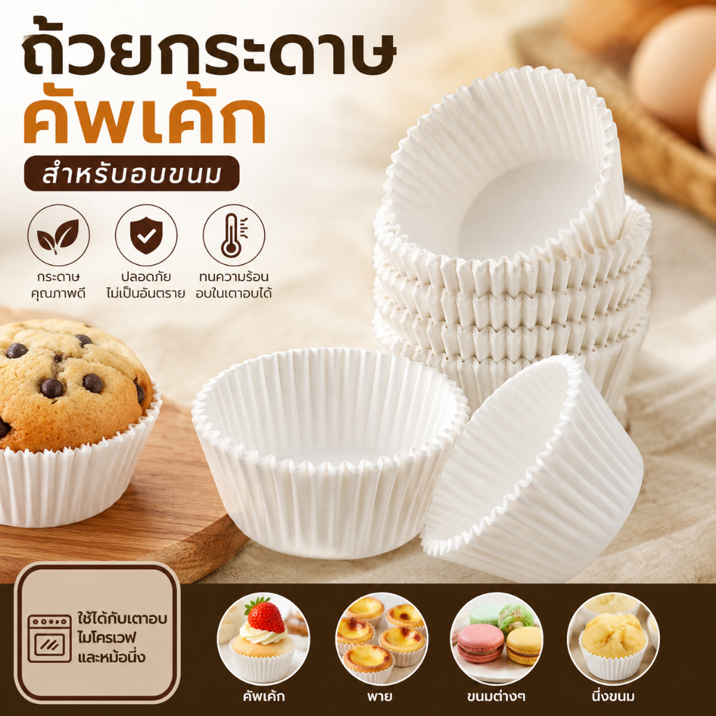 Pure-t 100 ชิ้นถ้วยกระดาษคัพเค้กสีขาวถ้วยกระดาษคัพเค้กสําหรับเครื่องมือเค้ก เครื่องอบขนม COD