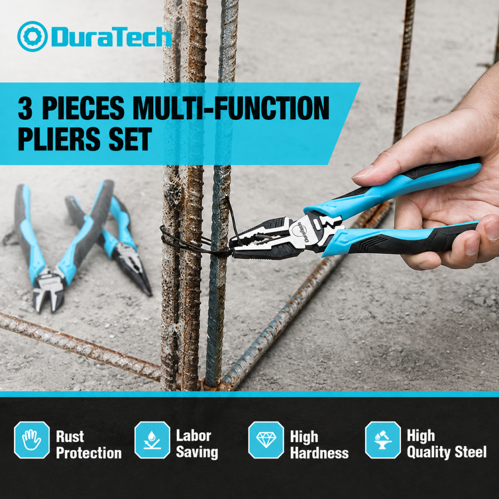 ชุดคีม DURATECH 3 ชิ้น, การก่อสร้าง Cr-V พรีเมี่ยม, รวมคีมจมูกเข็ม, Linesman และคีมตัดแนวทแยง, ที่จับ Bi-material สําหรับประปา, แอพพลิเคชั่นทั่วไป