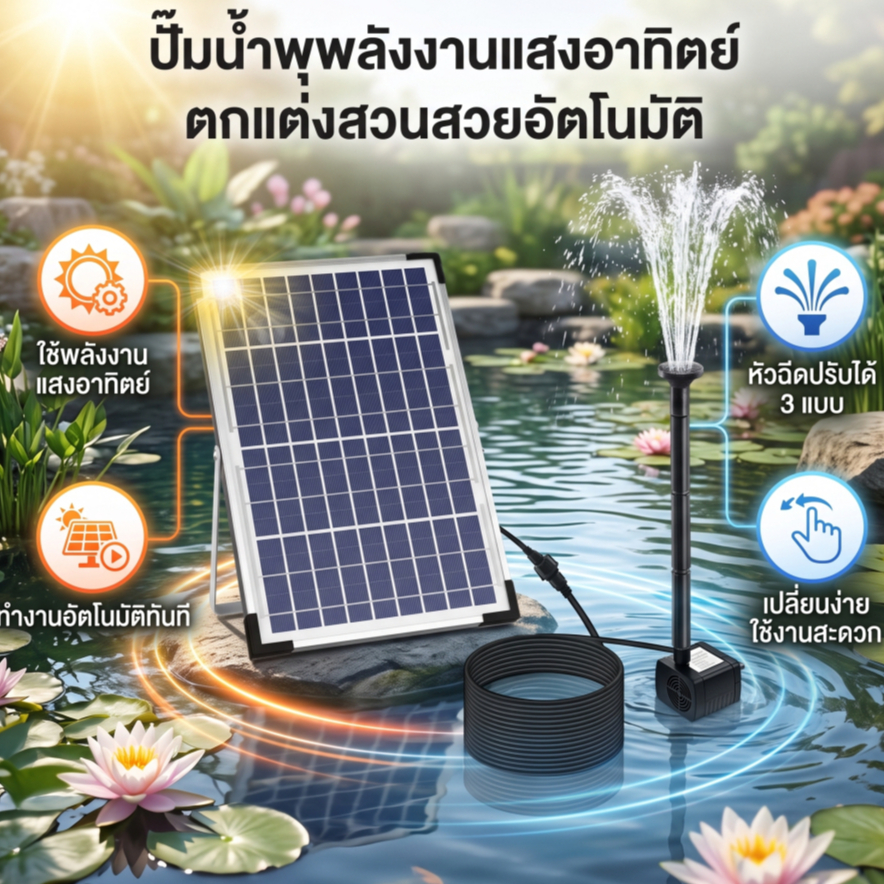 ปั๊มน้ําพุพลังงานแสงอาทิตย์ 10ว พร้อมแผงโซล่าเซลล์ขนาดใหญ่ 3 หัวฉีดสูงสุด น้ําความสูง100เซนติเมตรสําหรับนกอาบน้ําตู้ปลาบ่อขนาดเล็กตกแต่งสวน