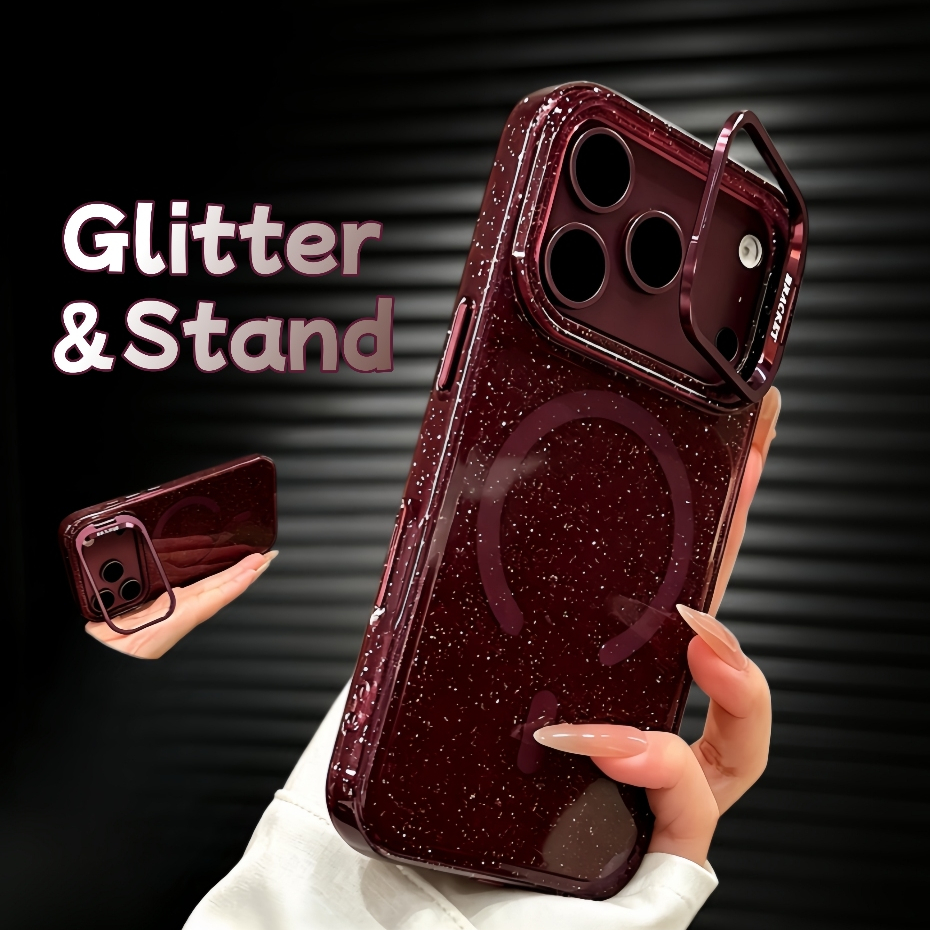 Transparent Glitter Stand Case สําหรับผู้หญิง/Cherry Red เข้ากันได้กับ iPhone 14 15 16 17 18 pro max case