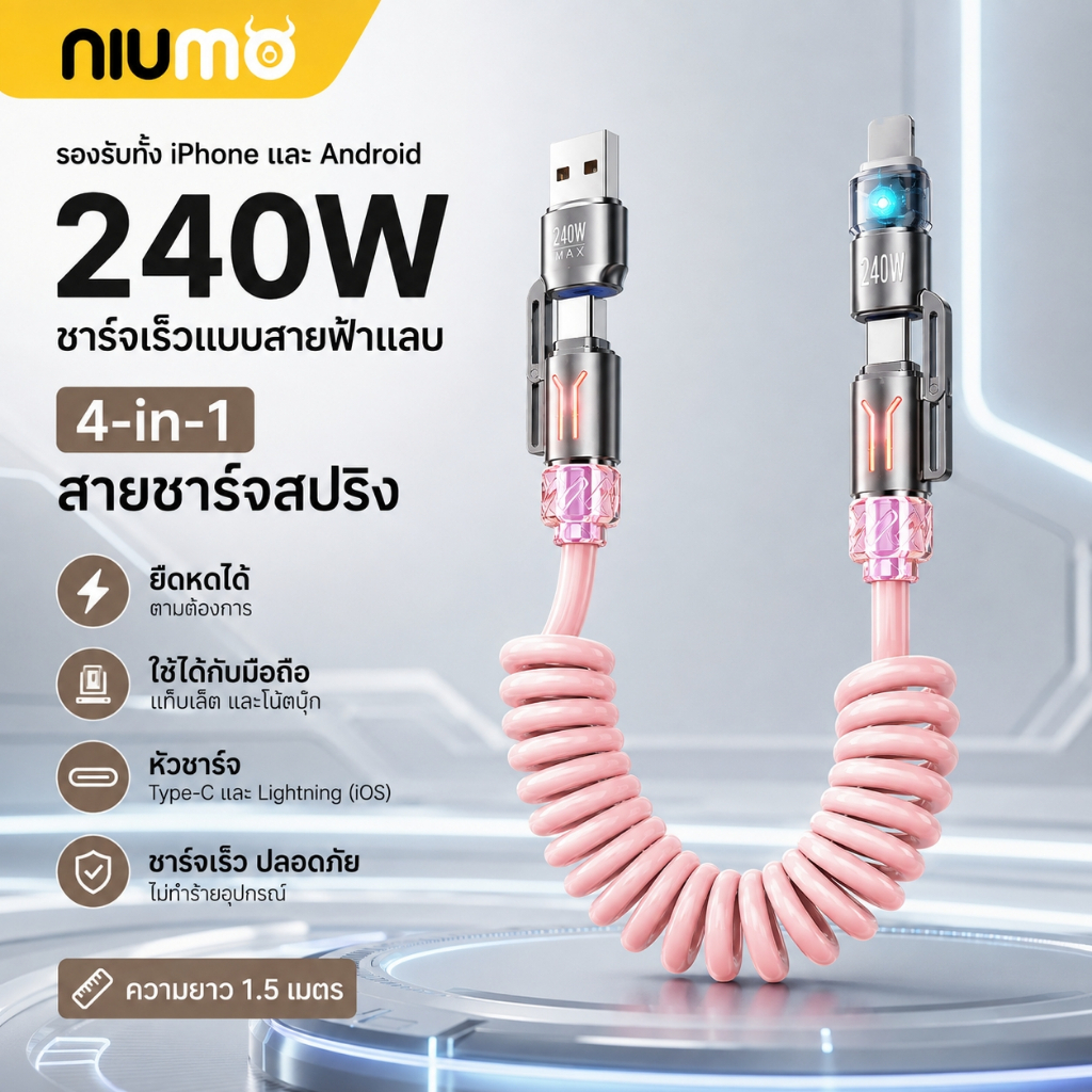NIUMO สายชาร์จ 240W แบบ 4-in-1 ชนิดม้วนเก็บได้ (หัว Type-C แบบคู่, รองรับ Super Fast Charging 6A) – มาพร้อมฟังก์ชันกระจายกลิ่นหอม รองรับ CarPlay/การสะท้อนหน้าจอ และจัดเก็บสะดวก; ใช้งานได้กับ Huawei, Xiaomi และ Apple