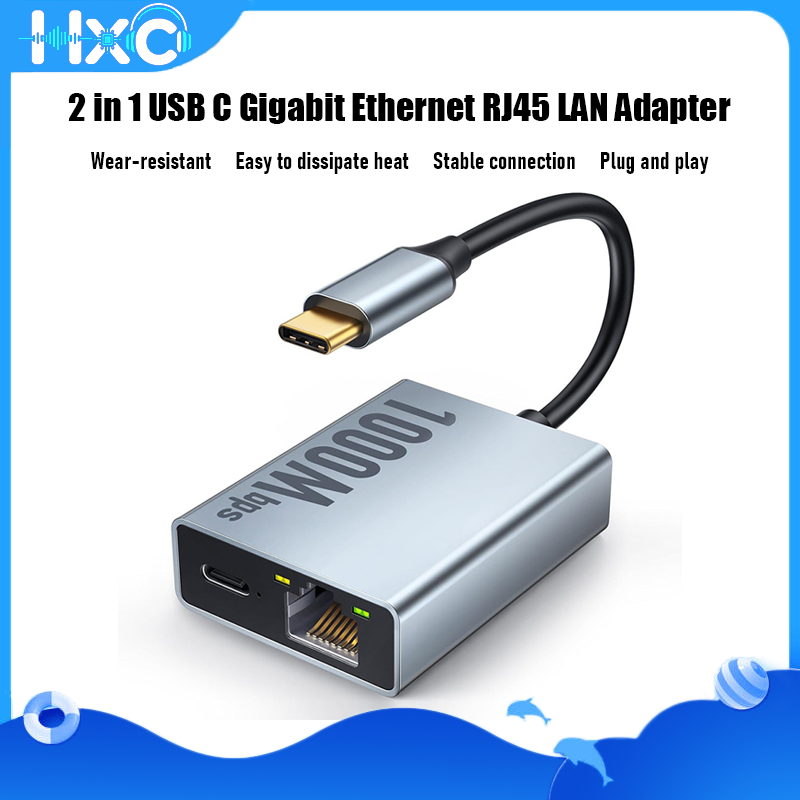 2 in 1 USB C Gigabit Ethernet RJ45 LAN Adapter สวมใส่ Plug Play สําหรับโทรศัพท์ PC TV