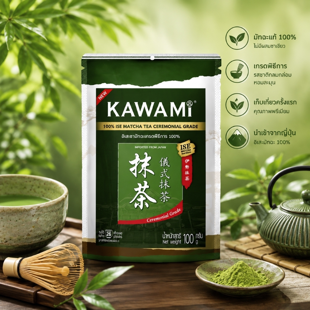 คาวามิ อิเซพิธี เกรดมัทฉะ 100% 100g.KAWAMI 100% ISE Matcha เกรดพิธี 100g.