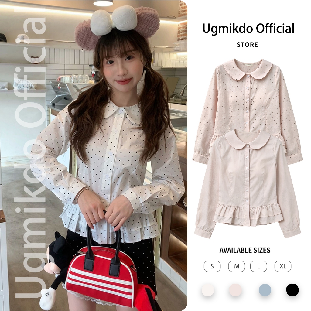 ผู้หญิง คอตุ๊กตาpolo เสื้อแขนยาว สายรัดด้านหลัง เฮ็ม ลูกไม้ด้านบน