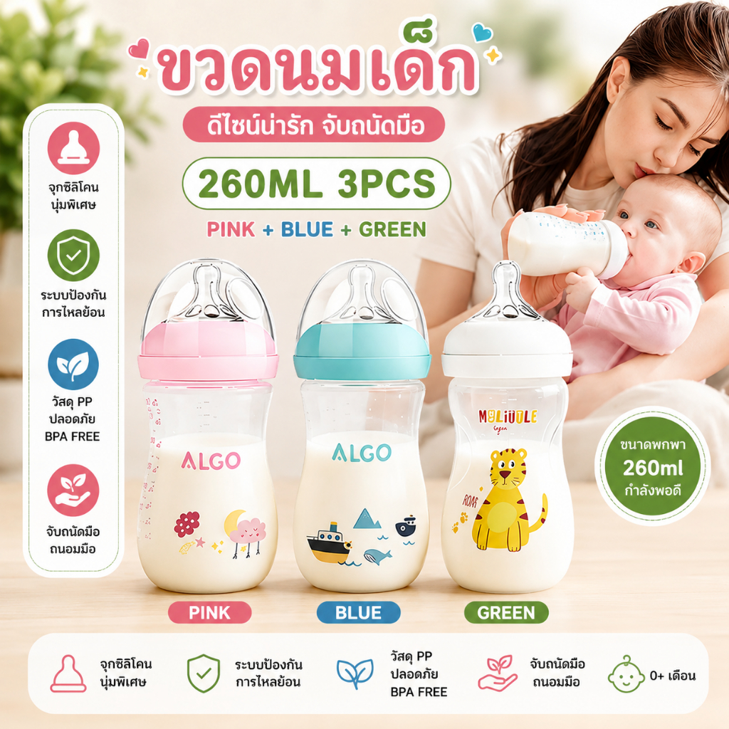 ขวดนม 260 มล., จุกนมหลอกดอกซากุระ, ป้องกันการซึมเศร้า, ป้องกันการอุดตัน, จับง่าย, ปราศจาก บีพีเอ, วัสดุ หน้า ปลอดภัย