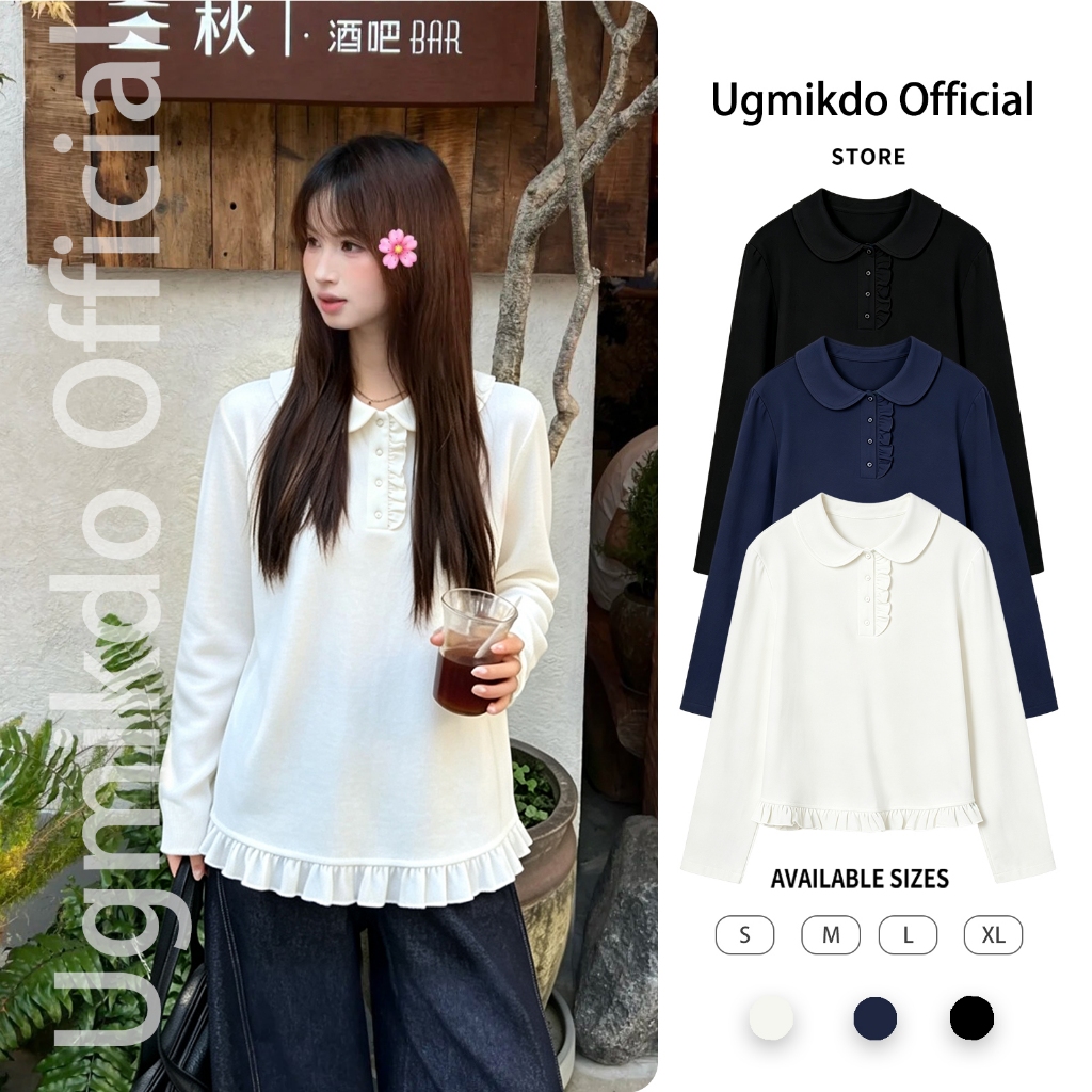 ผู้หญิง คอตุ๊กตาลูกไม้  เสื้อยืดแขนยาวสีขาว ท็อปส์ซูพับได้ สไตล์ฝรั่งเศสอ่อนโยน
