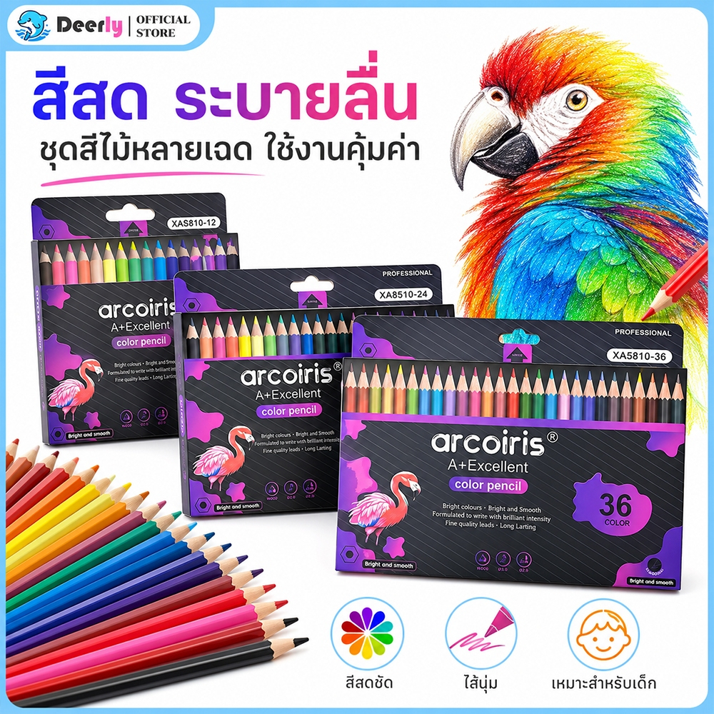 ดินสอสีไม้ อุปกรณ์การเรียน มีให้เลือก 12, 24, 36, 48 สี แบ่งเป็นแบบแท่งยาว หัวเดียว และหัวคู่