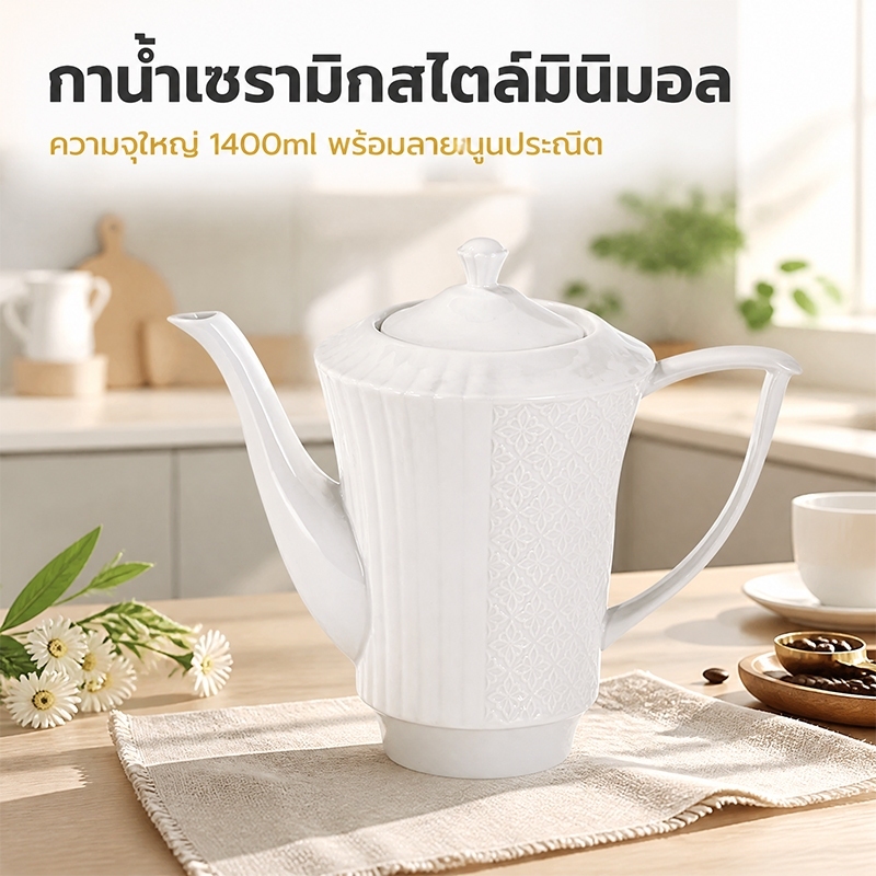 MBB กาน้ำชาเซรามิกสีขาวสไตล์นอร์ดิก 1400ml ☕ เหมาะสำหรับช่วงชาบ่ายครอบครัว และชงกาแฟใช้ประจำวัน