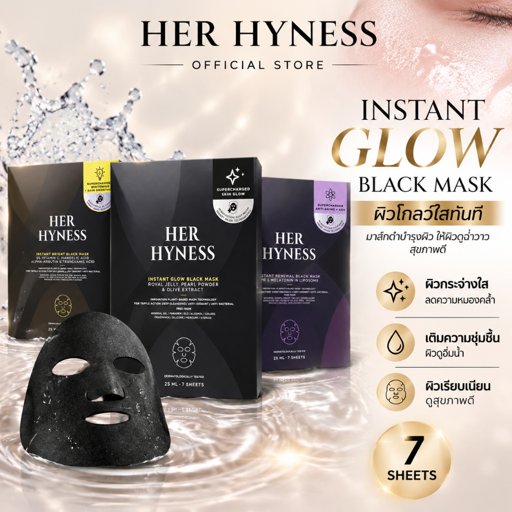 ซื้อ1 Free1HER HYNESS 3-in‐1 Black Facial Mask Set Glow Bright Renew Skin Care Sheet Mask