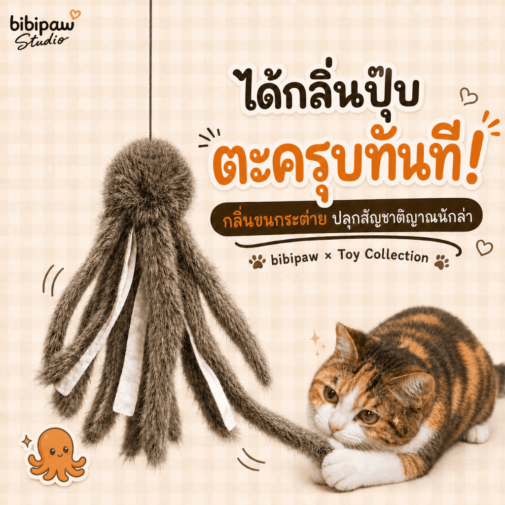 ของเล่นแมวรูปปลาหมึก ขนกระต่ายแท้ ของเล่นล่อแมวแบบโต้ตอบ ช่วยแก้เบื่อ กระตุ้นสัญชาตญาณการล่า ทนกัด