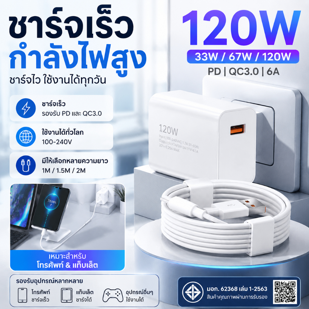 ชุดที่ชาร์จเร็ว 33W 67W 120W หัวชาร์จ Fast Charger + สาย USB to Type-C 6A 1M/1.5M/2M รองรับ PD QC3.0