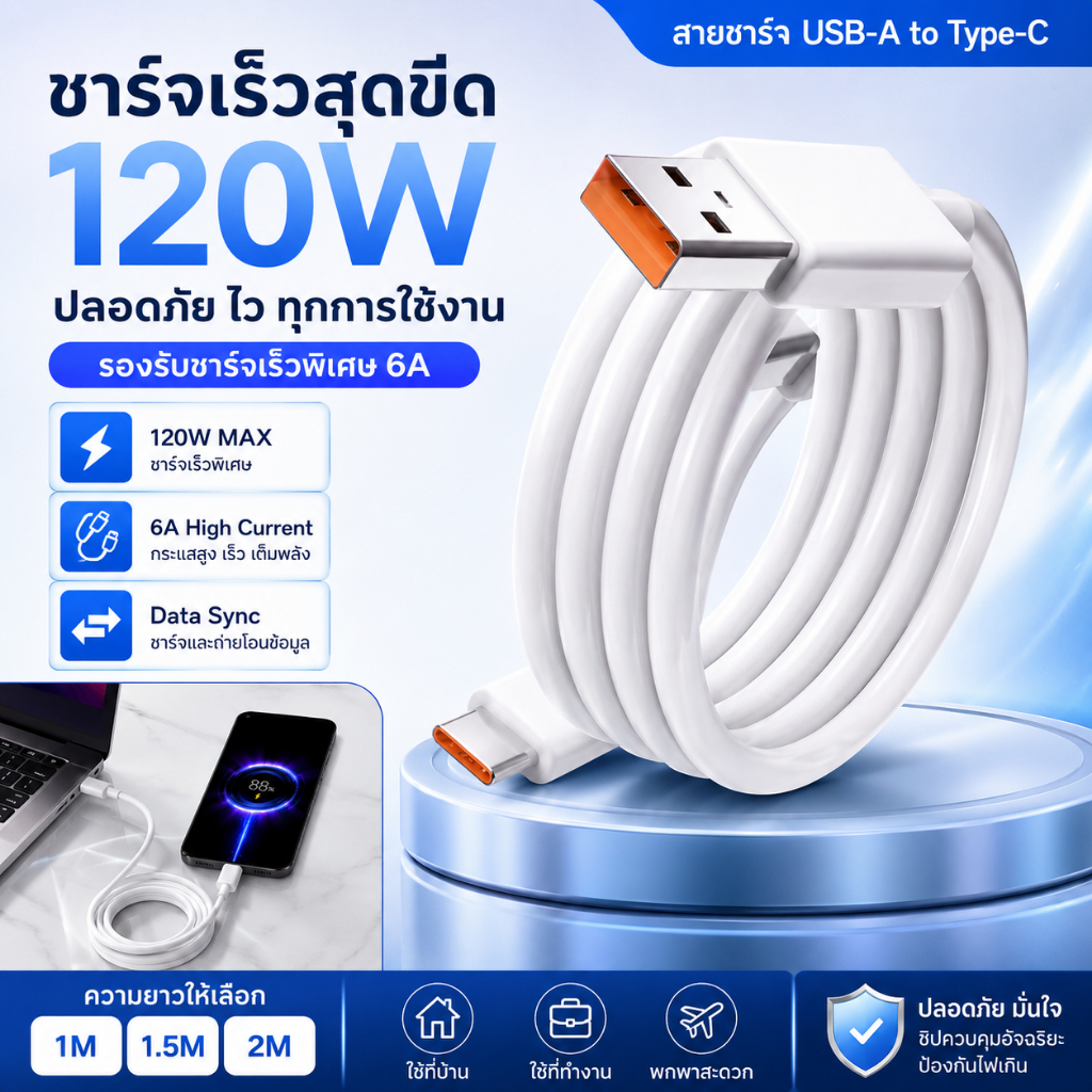 สายชาร์จ Xiaomi Turbo 120W Type-C ชาร์จเร็วสูงสุด 6A รองรับถ่ายโอนข้อมูล ใช้ได้กับ POCO X3 Pro F4 F5