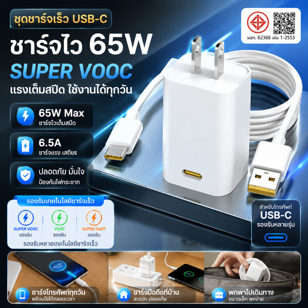 ที่ชาร์จเร็ว Super VOOC ชุดชาร์จ Type-C 65W พร้อมสาย USB-C 6.5A รองรับ VOOC Super VOOC Super Dart Da
