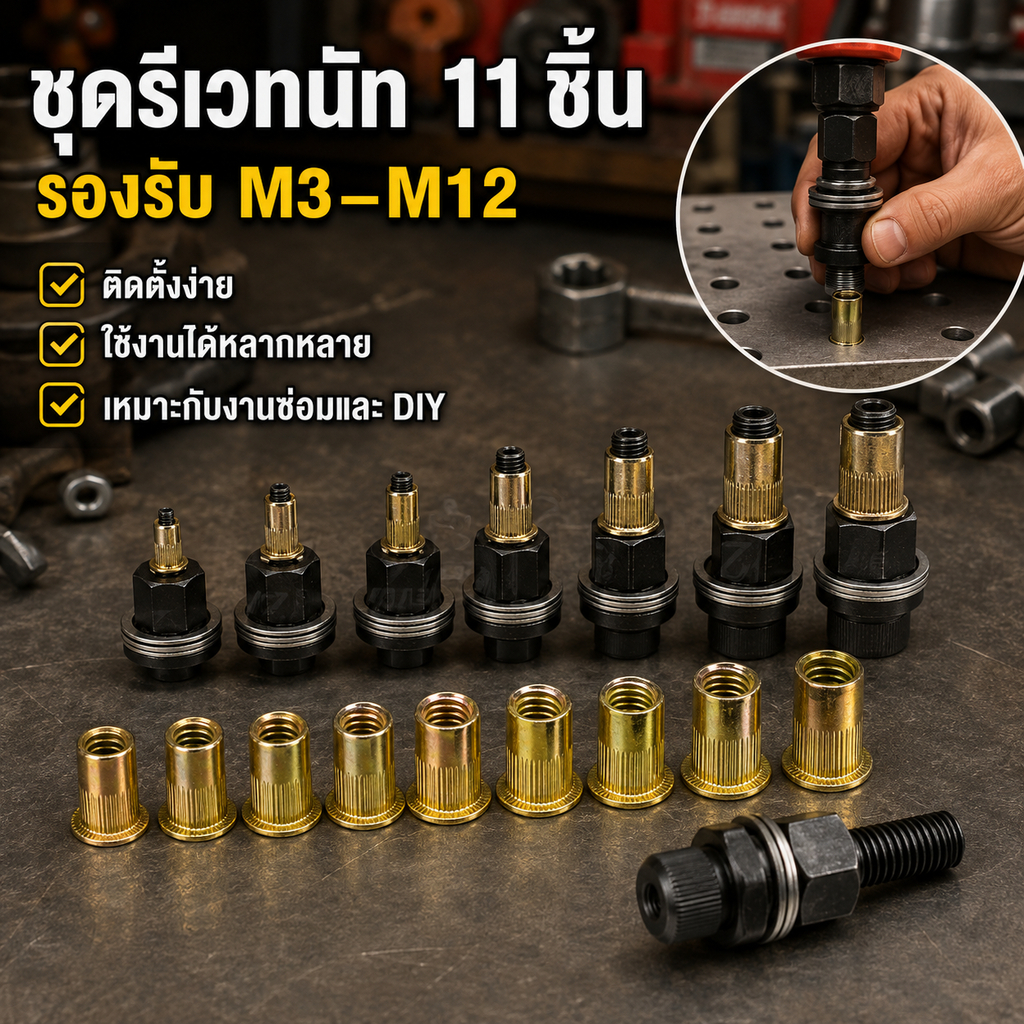 Allstorfd 11 ชิ้นคู่มือ Riveter Nut เครื่องมืออุปกรณ์เสริมสําหรับถั่ว M3 M4 M5 M6 M8 M10 M12 ง่ายติดตั้ง Hand Rivet Nut TH