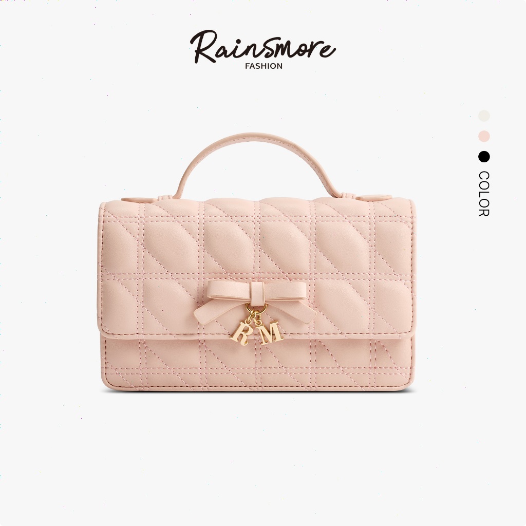 RAINSMORE กระเป๋าสะพายข้างผู้หญิง ลายตารางรูปเพชร โบว์น่ารัก สะพายไหล่และถือมือได้ ใส่มือถือได้ กระเป๋าถือแฟชั่นสําหรับออกเดทไปทำงาน
