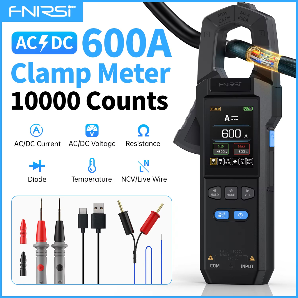FNIRSI 10000 นับ DC AC Current USB ชาร์จ Clamp Meter มัลติมิเตอร์แบบดิจิตอล 600A Amperimetric Clamp 