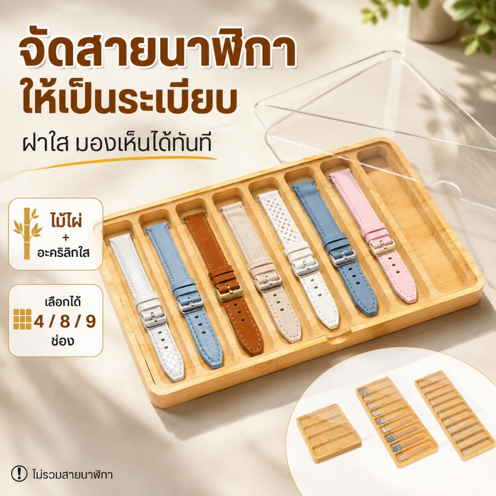 กล่องไม้เก็บสายสมาร์ทวอทช์ ฝาอะคริลิคใส หลายช่อง รองรับขนาด 38-45 มม. สำหรับจัดเก็บและโชว์สาย